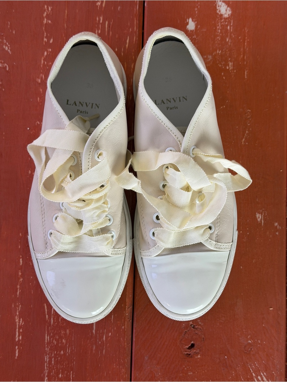 Lanvin Paris Sneaker Goatskin Lambskin Patent Smooth Leather White Cream